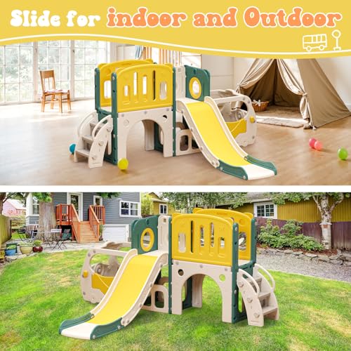 MOCUTEEN Classic Bus Toddler Slide Playset with Climber & Basketball Hoop - Indoor & Outdoor Kids Playground
