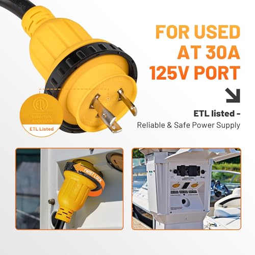 30 Amp Marine Shore Power Splitter Cord NEMA L5-30P to 2x L5-30R Waterproof Marine Y Adapter