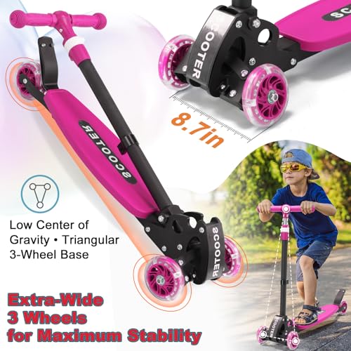 Kids Light-Up 3-Wheel Kick Scooter for Boys & Girls - Pink, Adjustable Handlebar, Foldable, Safe Ride for Ages 2-7