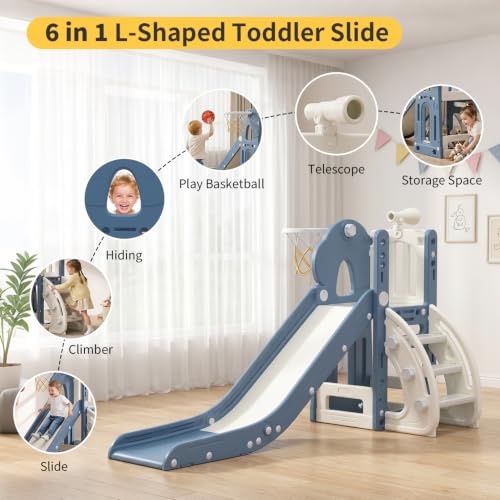 BIERUM 6-in-1 Toddler Indoor & Outdoor Slide Blue Gray, Safe & Foldable Playset for Ages 1-3