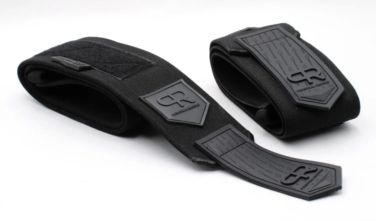 PR Personal Record Elbow Wraps for Weightlifting - Heavy Duty Construction, 25% More Elasticity, Reinforced Stitching, Extra Wide Fastener, Easy to Adjust, All Black