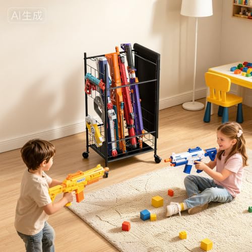 Black Toy Gun Storage Rack for Nerf Blasters - Heavy-Duty Organizer with Wheels, Medium
