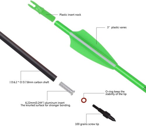 Elong 28" Carbon Hunting Arrows - 12PCS Spine 500 with 100 Grain Screw Tips | Green/Orange