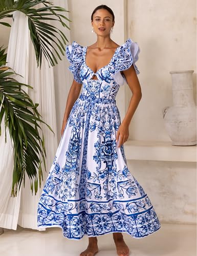 FLAXMAKER Blue & White Porcelain Pattern One-Piece Swimsuit with Skirt - Medium, Ruffle Design