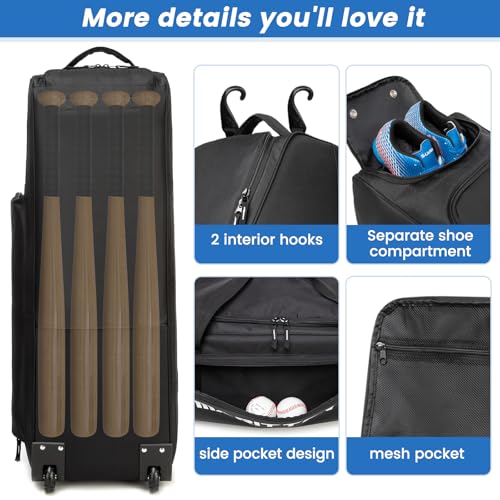 MERALIAN Black Rolling Baseball Bag with Wheels for 4 Bats and Gear