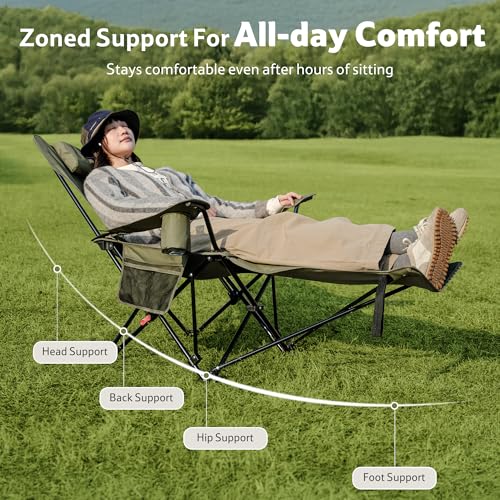 Naturehike Green 3-Position Adjustable Camping Recliner with Footrest - Heavy Duty Folding Lounge Chair, Portable with Carry Bag, Cup Holder & Side Pocket, Supports 330 lbs