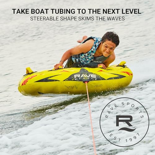 RAVE Sports Razor Inflatable Towable Tube Yellow for 1-2 Riders, Skim-Fast Bottom, Nylon Cover