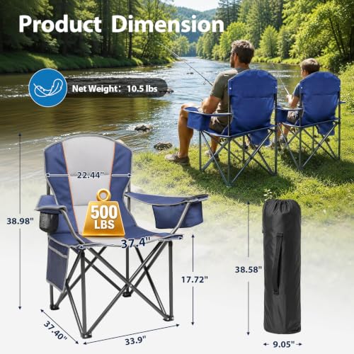 ZENPETIO Oversized Camping Chair 500LBS Support Blue Gray 2-Pack Portable Folding Lawn Chairs