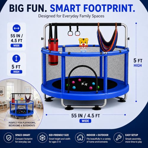 Kids Indoor & Outdoor Trampoline with Basketball & Accessories - Blue, Black