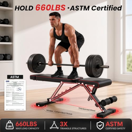 YoBotcam Adjustable Weight Bench with Extendable Backrest, 660LB Capacity for Home Gym
