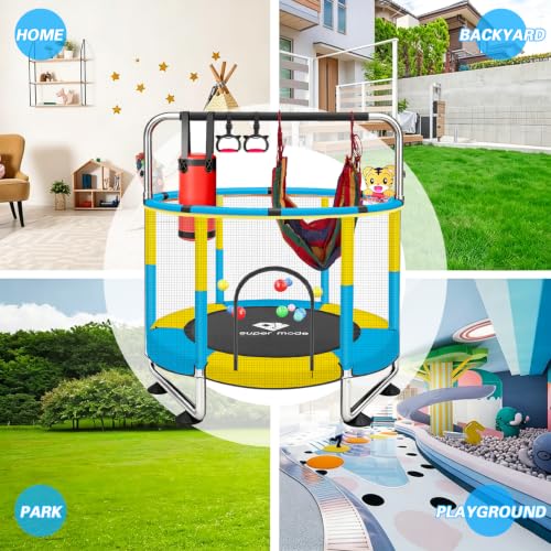 PY SUPER MODE 55-Inch Kids Indoor & Outdoor Trampoline with Enclosure, Adjustable Gymnastics Bar & Toys (Blue & Yellow, 55")