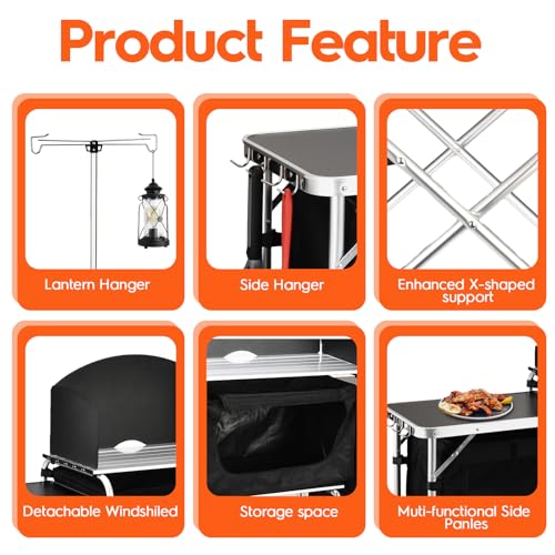 Camping Kitchen Table with Storage & Windshield - Black, Foldable Aluminum