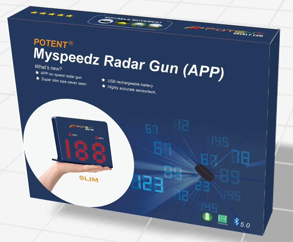 Speed Radar Gun 2.0 by Potent | App-Enabled Hockey Shot Tracker with USB Rechargeable Battery & Adjustable Angles