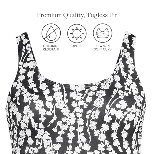 Lands' End Women's Chlorine Resistant One-Piece Swimsuit Black/White Vine Floral