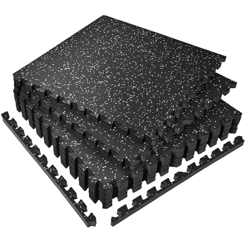 Rubber Top Interlocking Gym Floor Tiles - 24 Sq Ft, Black & Grey, 6 Tiles