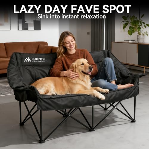 Oversized Double Camping Chair with Cationic Black Fabric Support 800LBS - Huskfirm, Heavy Duty Folding Lounger