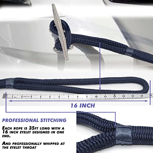 2 Pack Navy Blue Dock Lines - 35 Ft, Double Braided Nylon with Eyelet - 5/8"