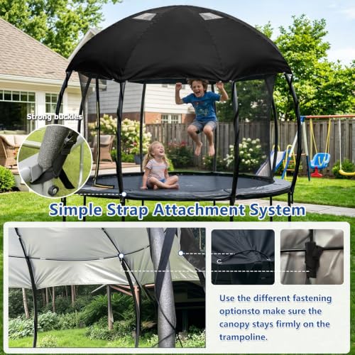 Black 14ft Waterproof Trampoline Cover with PVC Skylight & Support Poles - Heavy Duty