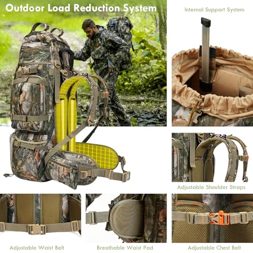 Wild Cedar 80L Waterproof Camo Hunting Backpack with Rain Cover, Men’s 60/80L
