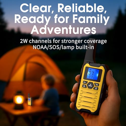 Long Range Walkie Talkies for Adults 4 Pack - Rechargeable Two-Way Radios with Flashlight & NOAA/SOS - Blue, Red, Yellow, Cyan