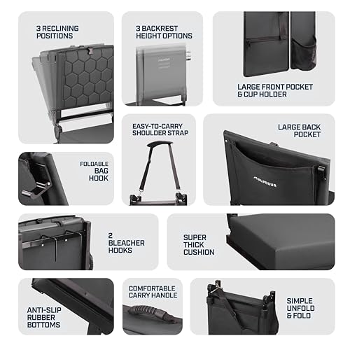 Alpcour Extra Wide Folding Bleacher Seat with Back Support, 21" Black, Thick Cushion, Cup Holder & Storage