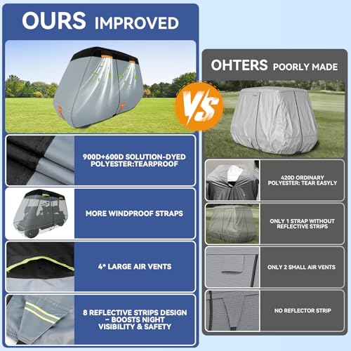 Gray Black Golf Cart Cover 2-4 Passenger Waterproof UV Resistant 900D+600D