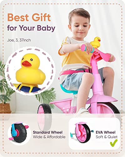 KRIDDO 2-in-1 Toddler Tricycle with Push Handle and Pink Eva Wheel - Ages 1.5-3