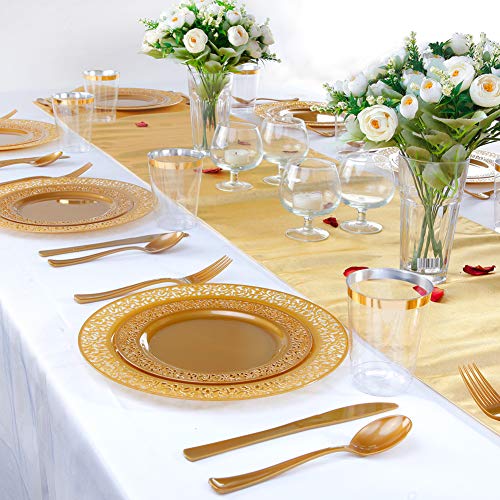102 pcs Brown Gold Plastic Plates Set - Lace Design Disposable Dinner & Salad Plates - Solid Gold Variation