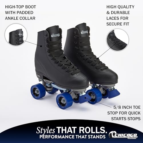 Black Classic Quad Roller Skates for Women & Men - Adjustable High-Top, 60mm PU Wheels