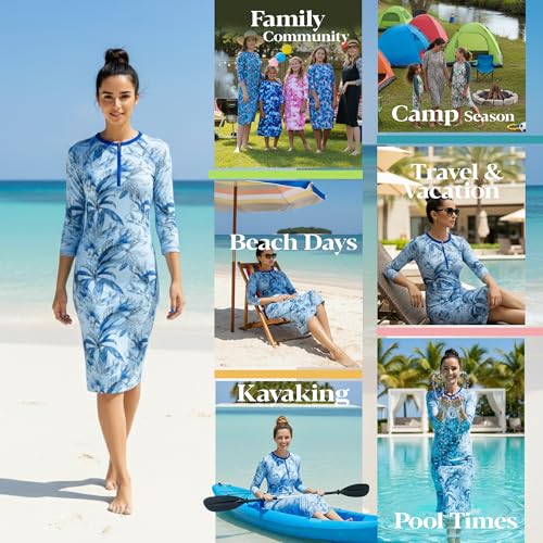 Shira Modest Swimsuit for Women - Blue Leaves Print Swim Dress with UPF 50+ - Large