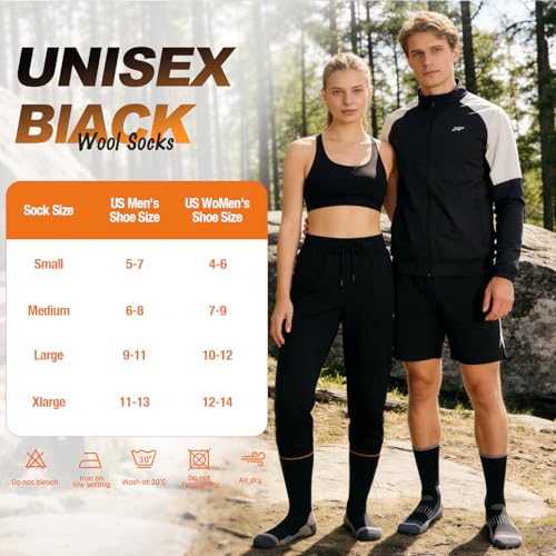 Winter Merino Wool Hiking Socks - Heavyweight Breathable Cushioned Socks, Large, Black