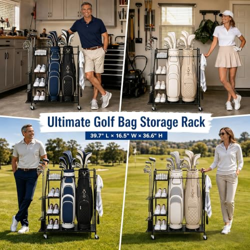 Golf Bag Storage Rack with Wheels - Garage Organizer for Clubs & Accessories