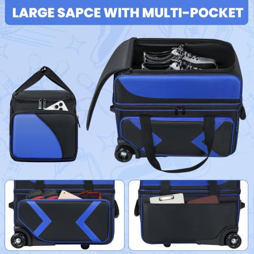 Blue 2+1 Ball Bowling Roller Bag with Wheels & Shoe Compartment - Fits Men & Women
