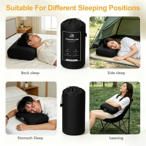 Black Memory Foam Travel Pillow - Ergonomic Neck & Lumbar Support for Camping & Backpacking