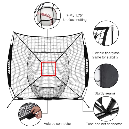 BaseGoal 7x7ft Baseball Practice Net with Batting Tee & Strike Zone - Black