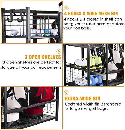 Golf Bag Garage Storage Organizer for 2 Bags - Black, Heavy Duty Metal Rack with Shelves & Hooks