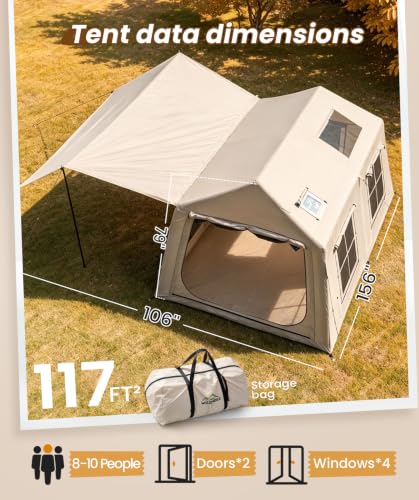 Inflatable Tent with Awning 116 sq ft - Easy Setup All-Weather Camping Shelter