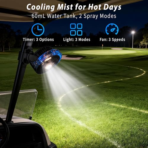 Magnetic Golf Cart Fan with Rechargeable Mist & Light - Black