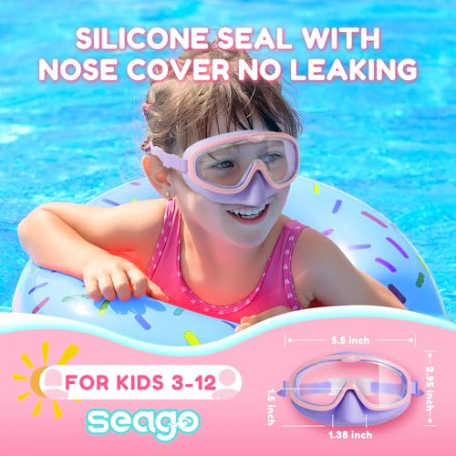 Kids Swim Goggles with Nose Cover 2 Pack - Anti-Fog Clear View, Pink Green & Pink Purple