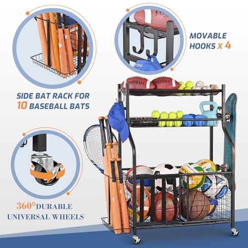 PLKOW Garage Sports Equipment Storage Organizer - Black, 36.2 x 16.5 x 44.3 Inches