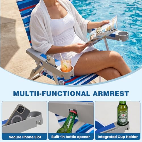 SUNNYFEEL Tall Folding Beach Chair 5-Position Recliner with Cup Holder - Blue & Red, Extra Tall