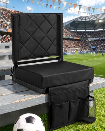 LWWTBS Stadium Seat with Back Support - Black, 2 Pack, Foldable Bleacher Chair with Cushion & Organizer