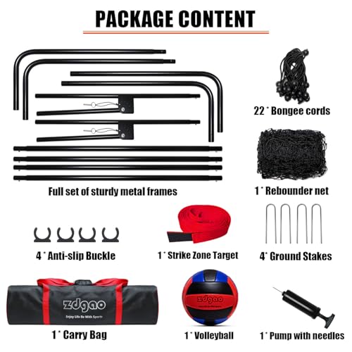 LOMGWAYS 4x7ft Black Red Volleyball Rebounder with Ball & Bag - Adjustable Practice Net