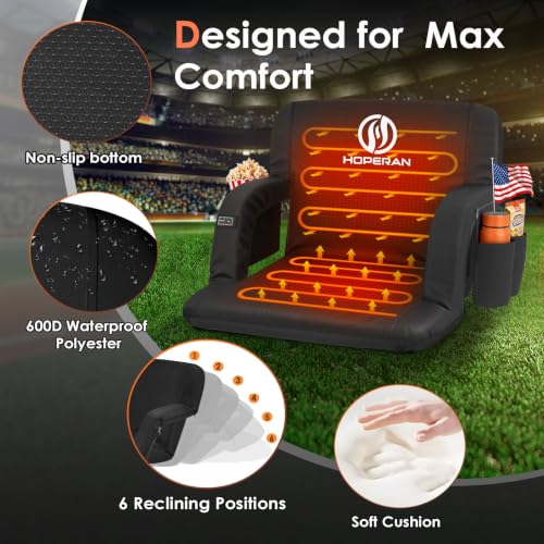Black 23-inch Heated Stadium Seat with Power Bank - Dual Control, Reclining