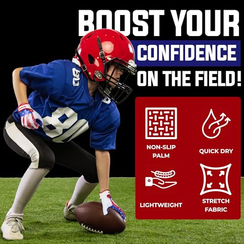 Youth Football Gloves for Boys and Girls - Sticky Wide Receiver Gloves, Blue Red, X-Small