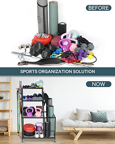 Black Mesh Gym Storage Rack for Dumbbells & Yoga Mats - Home Workout Organizer