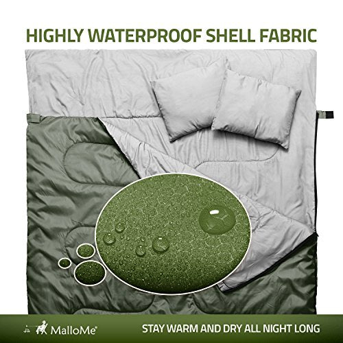 MalloMe Double Plush Comfort Sleeping Bag for Adults & Kids 32-65°F - Green