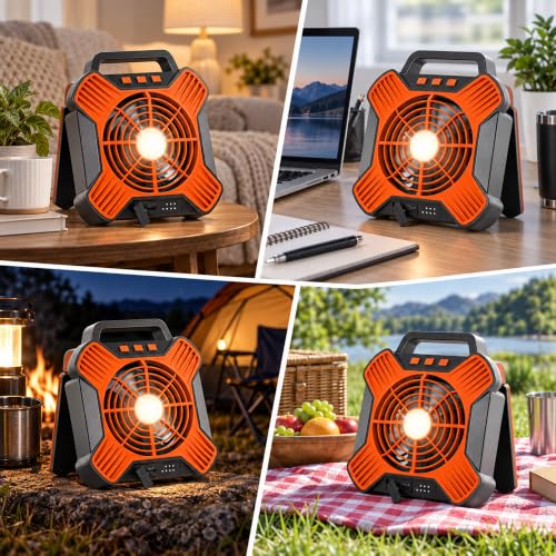 Portable Solar Powered Fan with Rechargeable Battery & LED Light - Black & Orange