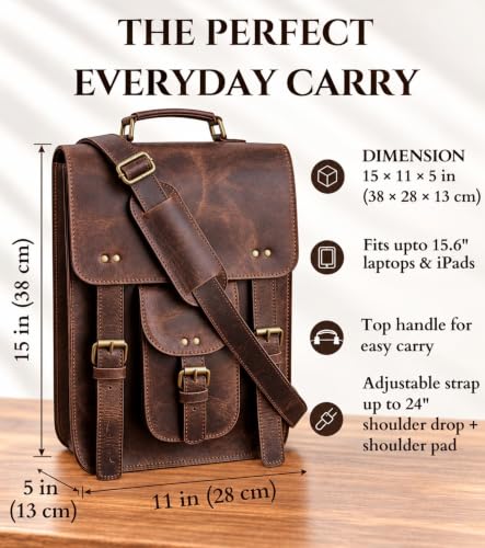 15-Inch Leather Messenger Bag for Men - Vintage Laptop Briefcase