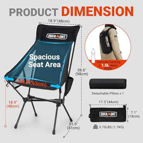 Overmont Black Highback Heavy-Duty Camping Chairs 2-Pack - Supports 440lbs, Portable Folding Outdoor Seats